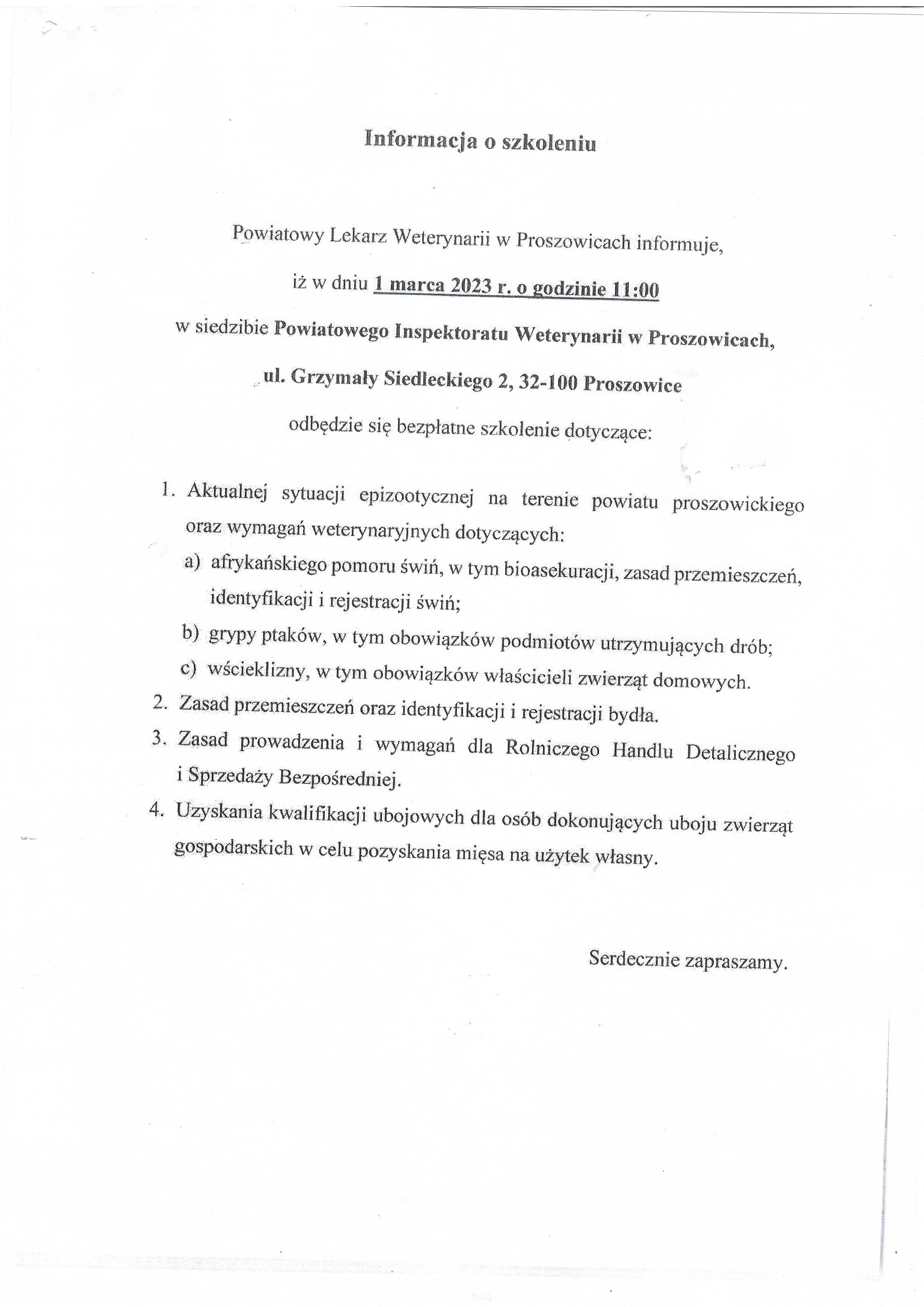 Powiatowy Lekarz Weterynarii zaprasza na szkolenie