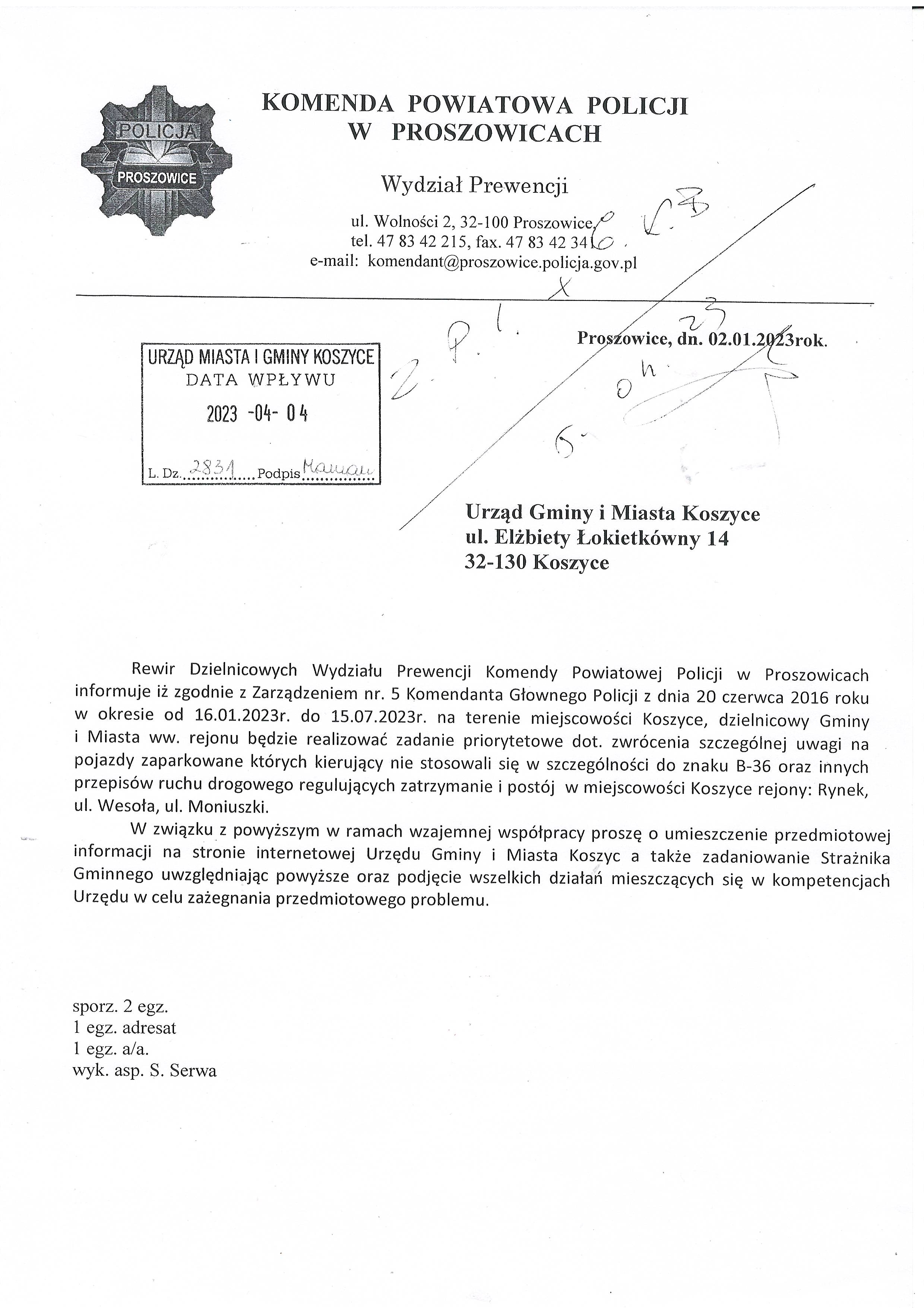 pismo Wydziału Prewencji Komendy Powiatowej Policji w Proszowicach