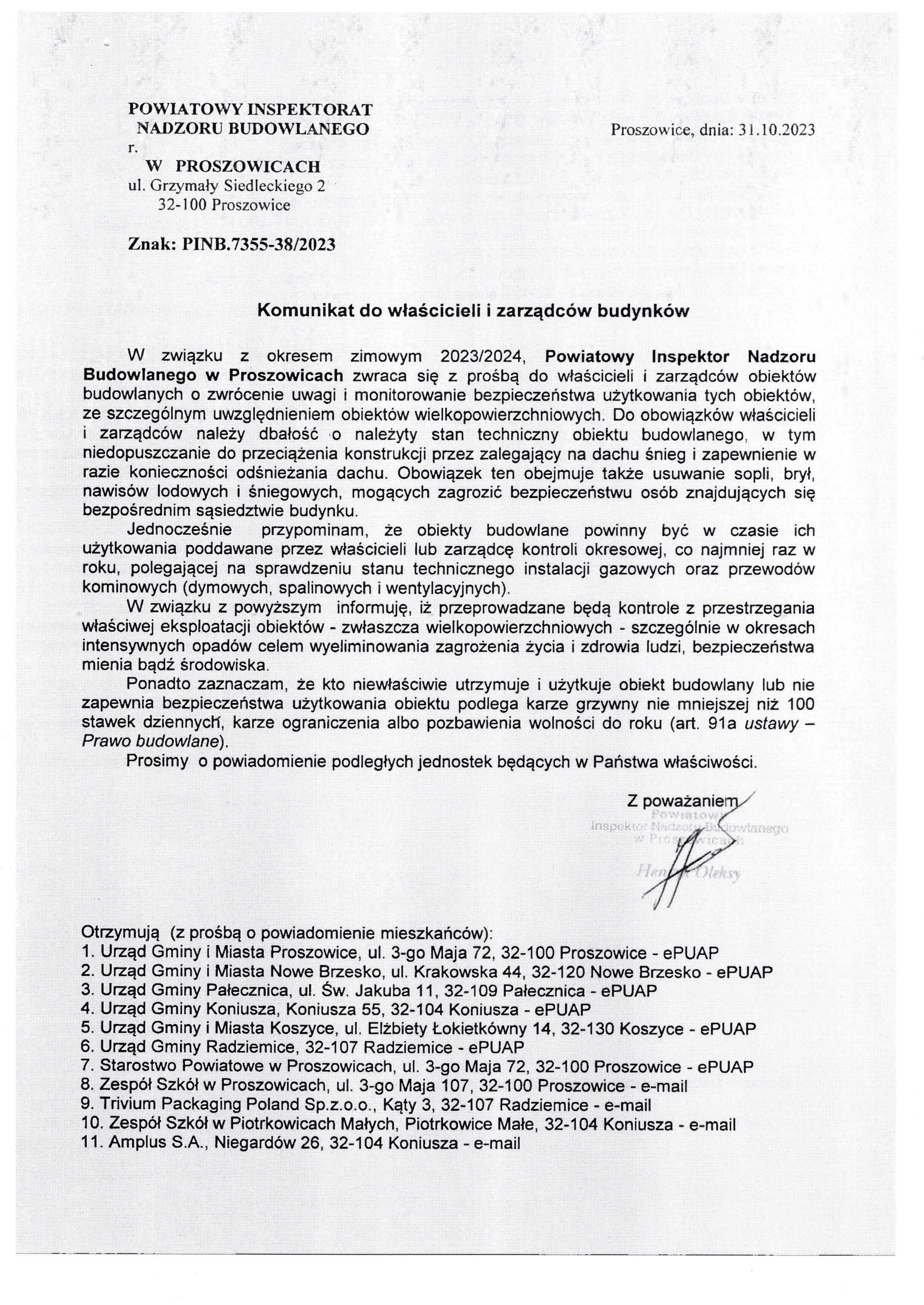 Komunikat do właścicieli i zarządców budynków